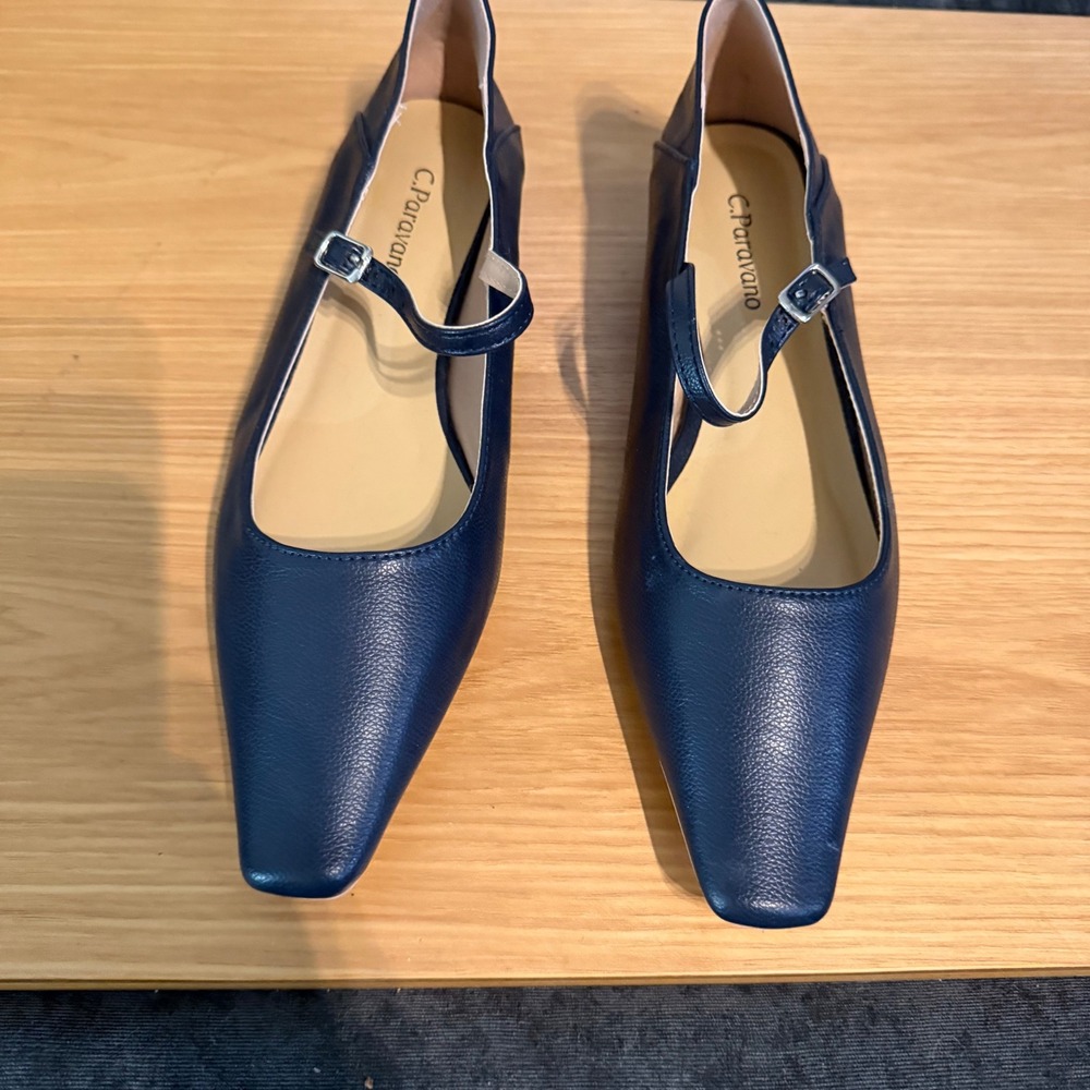C.Paravano Womens Navy Blue Square Pointed Toe Mary Jane Low Block Heel Pumps 38